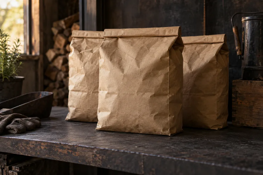 Illustrative empty charcoal bags and branded packaging scene